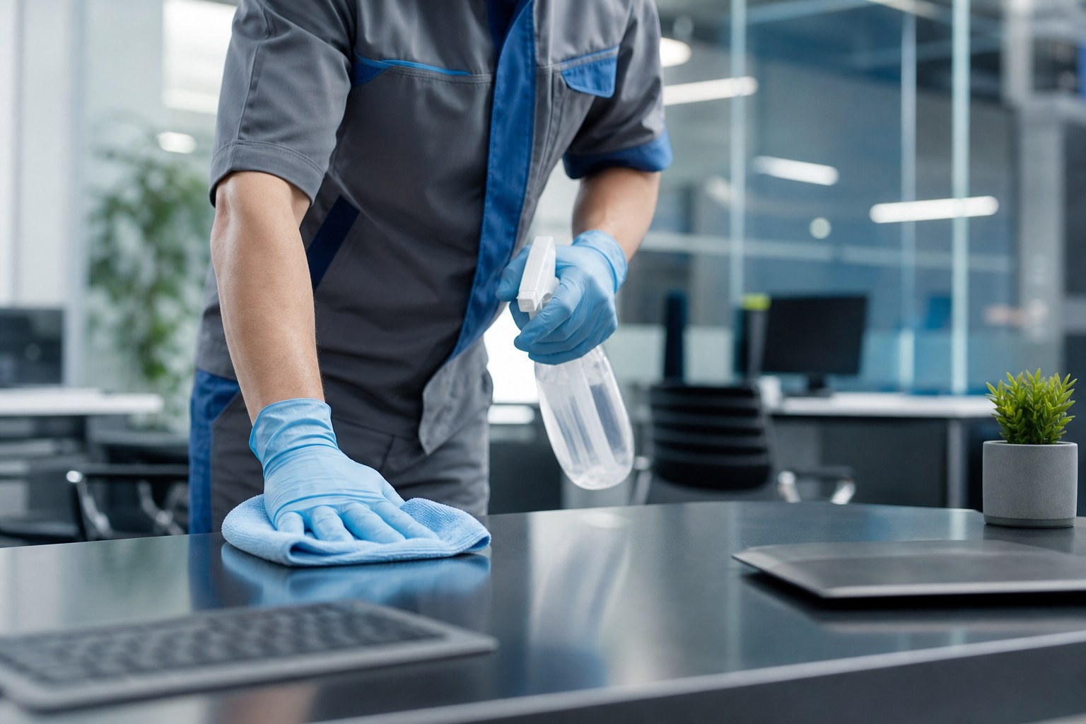 SkillsXX technician sanitising an office desk